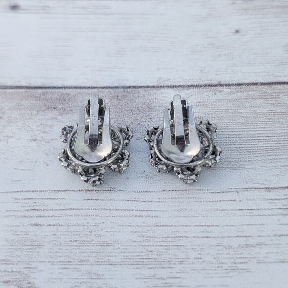 Vintage Clip On Earrings Dark Metal and Iridescent Gems - Picture 4 of 5